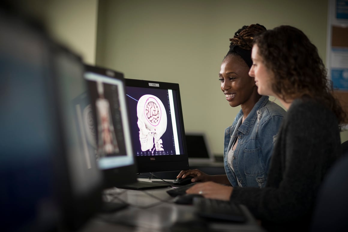 Students at computer looking at brain