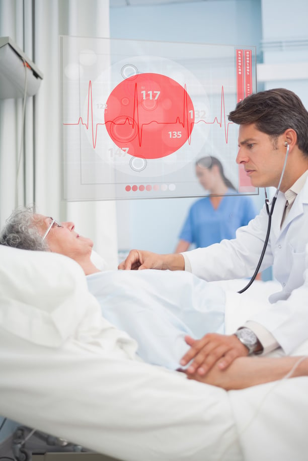 Doctor checking pulse of elderly patient beside hovering futuristic screen displaying ECG data